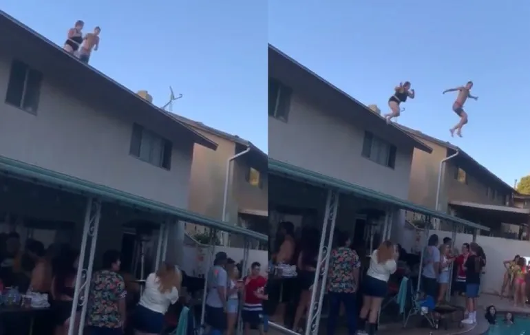 Van het dak een zwembad in springen gaat fout en daardoor goed