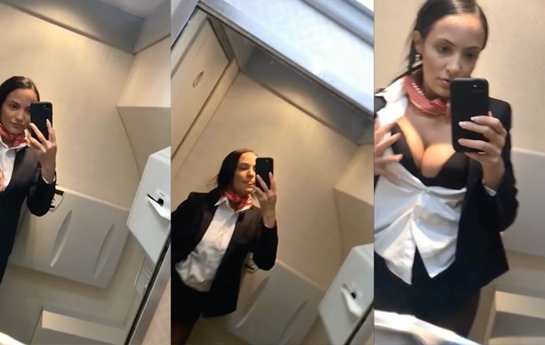 Stewardess gebruikt on board wifi om lekker te cammen...