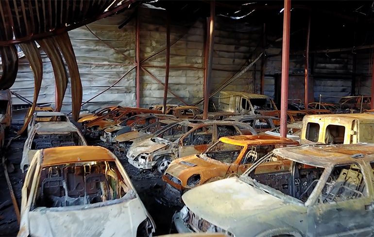 Aftermath video van uitgebrande auto's bij veilingbedrijf BVA Auctions