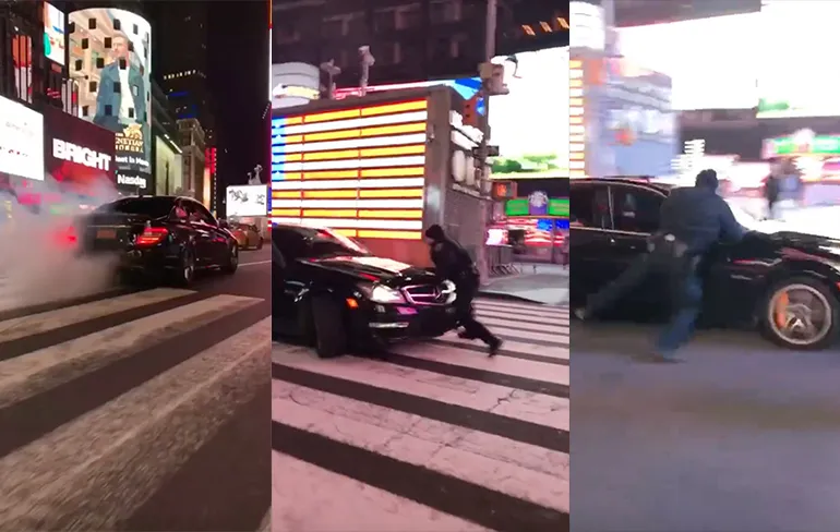 Agent probeert driftende Mercedes-Benz C63 AMG te stoppen op Times Square