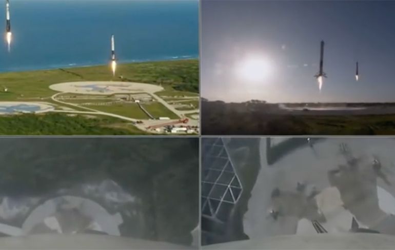 Alle drie de boosters van Falcon Heavy raket maken goede landing