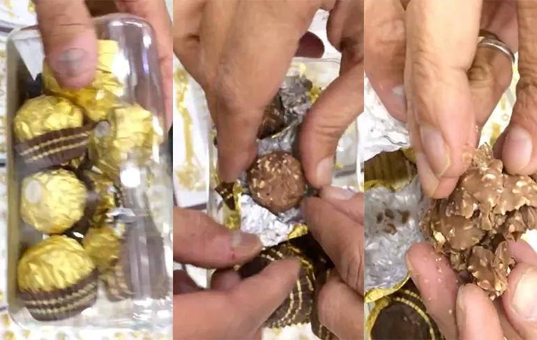 Altijd even je Ferrero Rocher chocolaatje checken voor je hem eet!