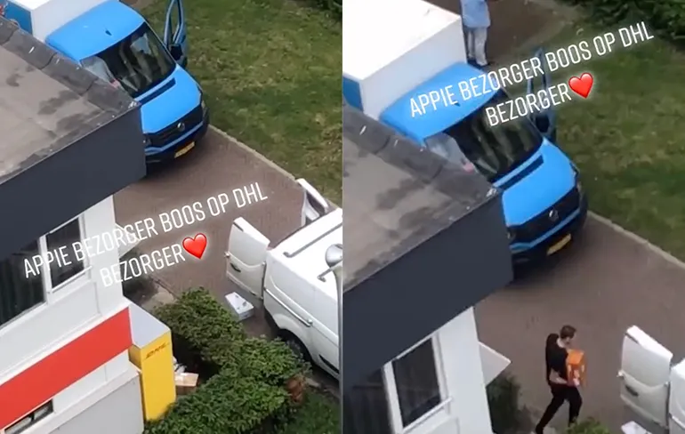 Appie bezorger lekker aan het "tuteren" tegen DHL bezorger