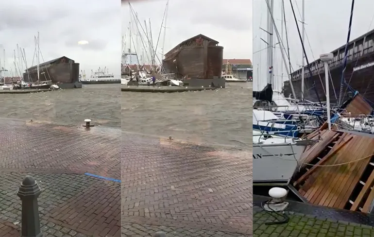 Ark van Noach op drift in haven Urk