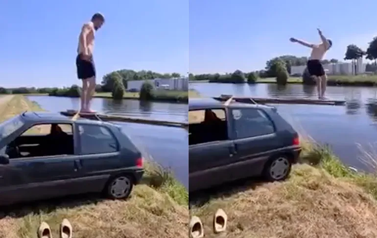 Auto gebruiken als duikplank: Wat kan er immers misgaan?