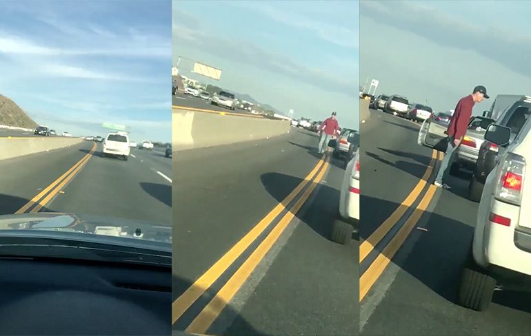 Automobilist stopt op snelweg en spuugt andere automobilist in het gezicht...