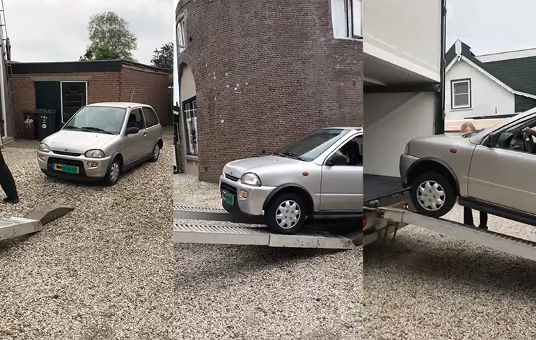 Autootje in vrachtwagen laden gaat zoals de bedoeling was