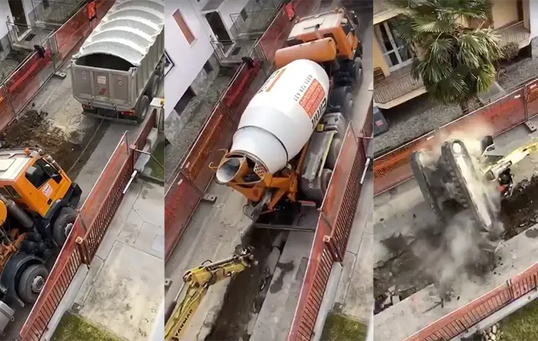 Baas, dat treintje om betonwagen de weg op te trekken ging net niet goed
