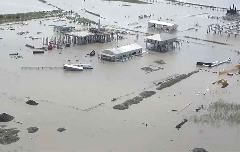 Beelden van helikopter laten aftermath orkaan Laura zien aan van kust Louisiana