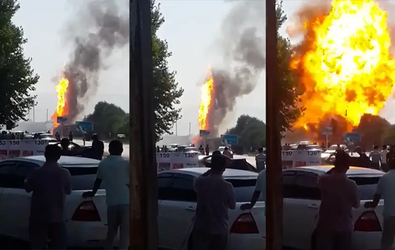 Benzinepomp ontploft en cameraman moet vluchten voor rondvliegende tank