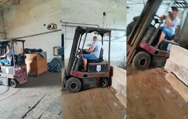 Beunhaas sloopt muurtje met behulp van heftruck
