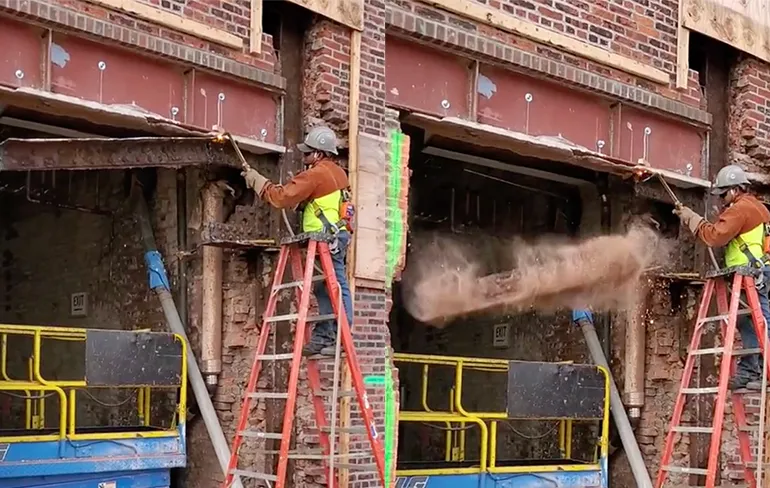 Beunhaas vergeet even dat hij niet helemaal veilig staat op een ladder