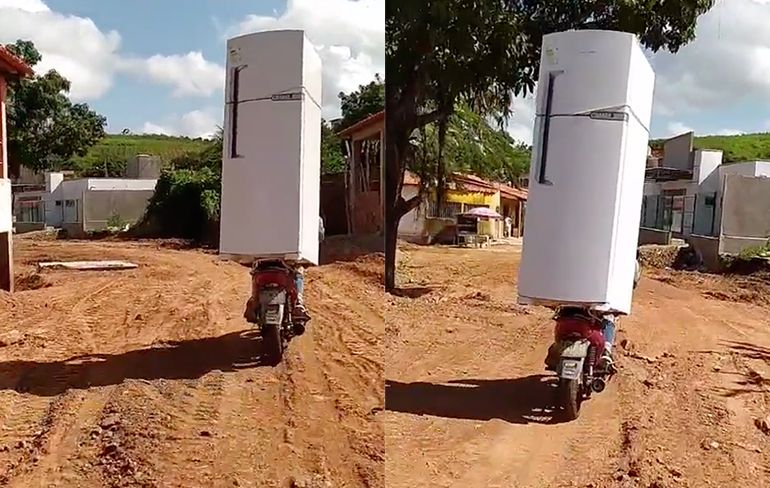 Bikkel doet verhuizen van koelkast gewoon op zijn motortje