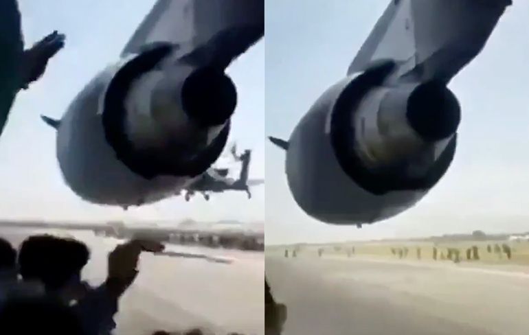 Bizarre beelden van mensen die proberen mee te liften op C-17 in Kabul