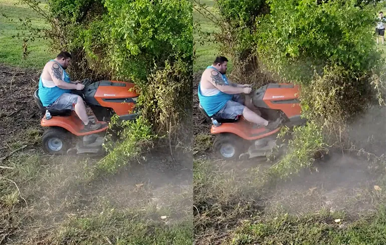 Boom proberen neer te halen met een grasmaaier