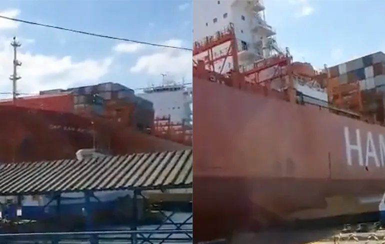 Boot geeft pier een kus in grootste zeehaven van Zuid-Amerika