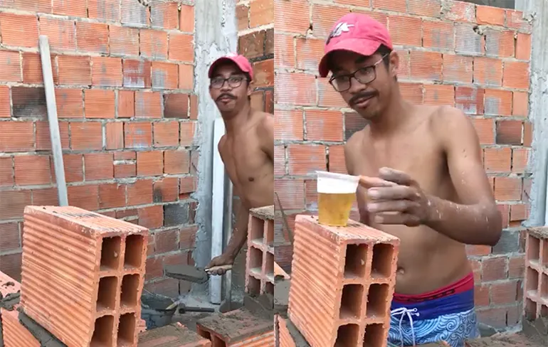 Bouwvakker heeft geen waterpas nodig, maar een lekker biertje