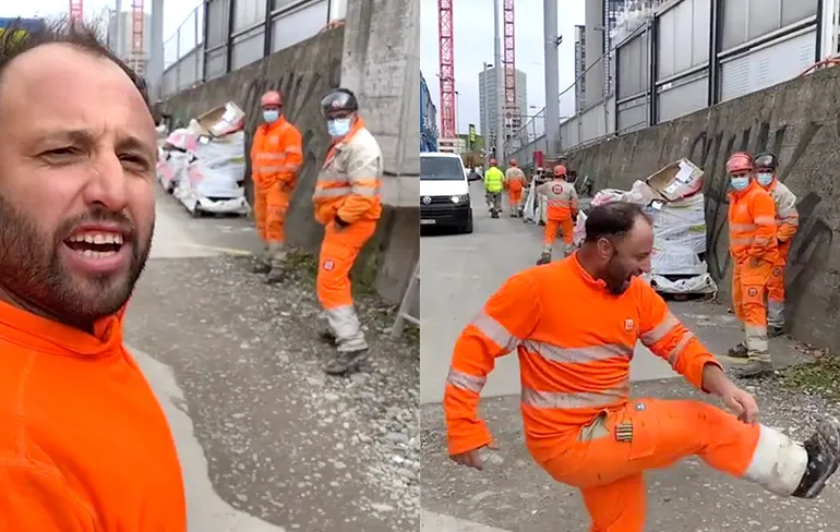 Bouwvakker in Zwitserland gaat op zeer vrolijke wijze het weekend in