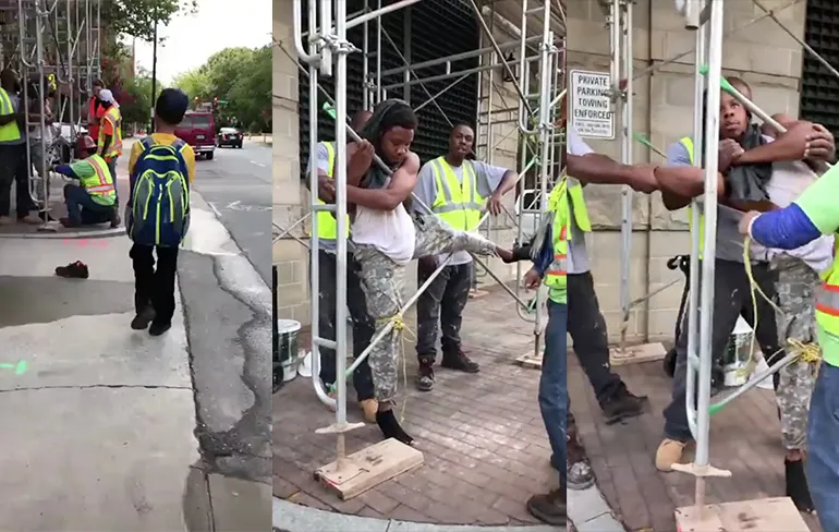 Bouwvakkers betrappen dief en binden deze vast aan steiger