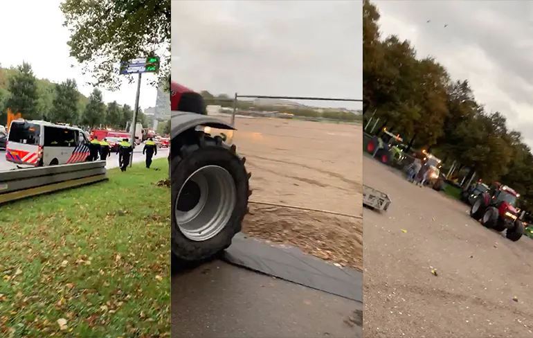 Boze boeren door een hek het Malieveld in Den Haag op
