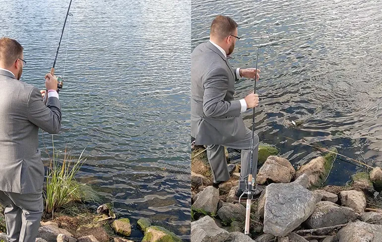 Bruidegom vangt nog even een visje voor hij echt in huwelijksbootje stapt