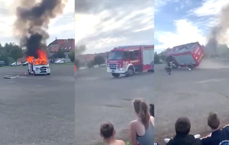 Chauffeur brandweerwagen laat zien dat er niets mis is met de handrem