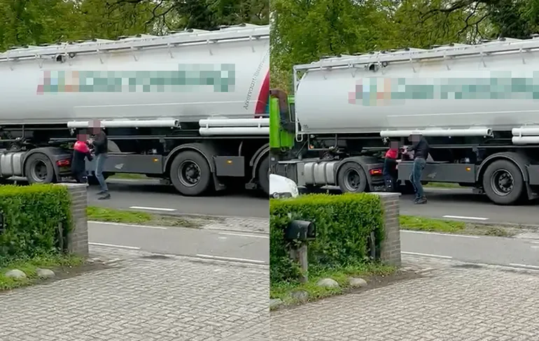 Chauffeur en bezorger nemen even pauze van werk en gaan matten