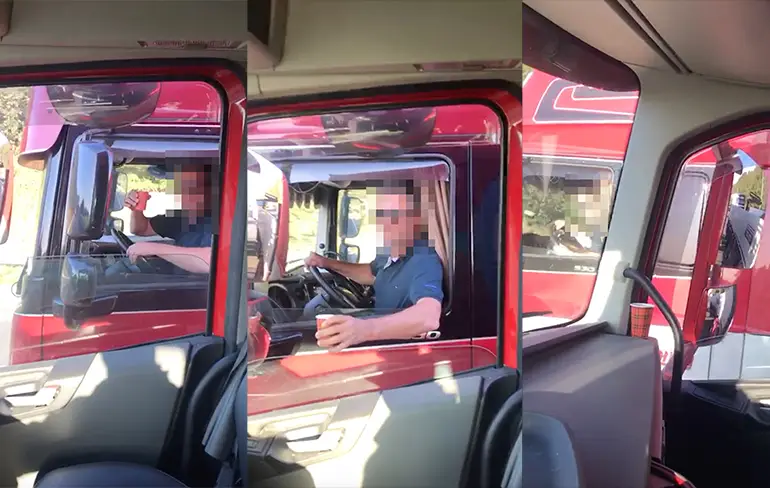Chauffeur geeft even een bakkie koffie over