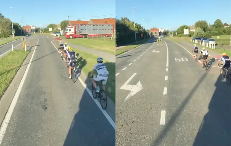 Chauffeur in Belgie komt wielrenners tegen en speelt toepasselijk liedje af