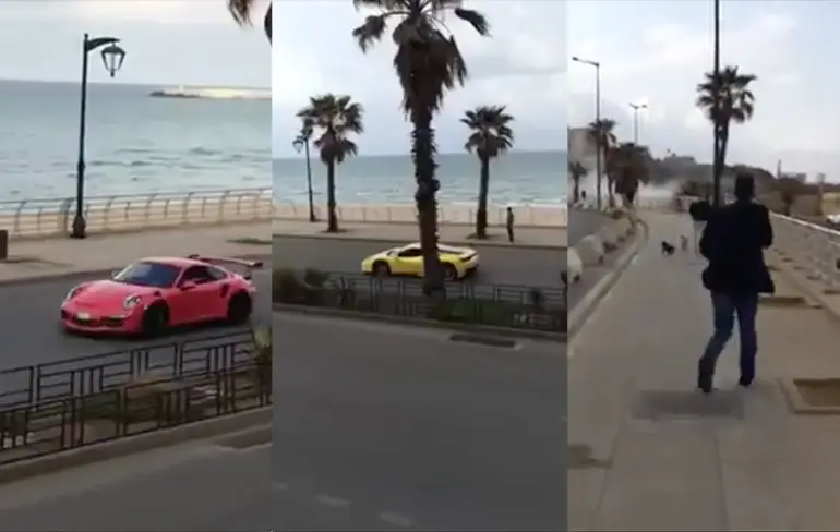 Chauffeur parkeert Porsche GT3 in een muur in Libanon