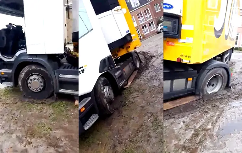 Chauffeur zit vast: "Ik reed vast in deze fokking modder man"
