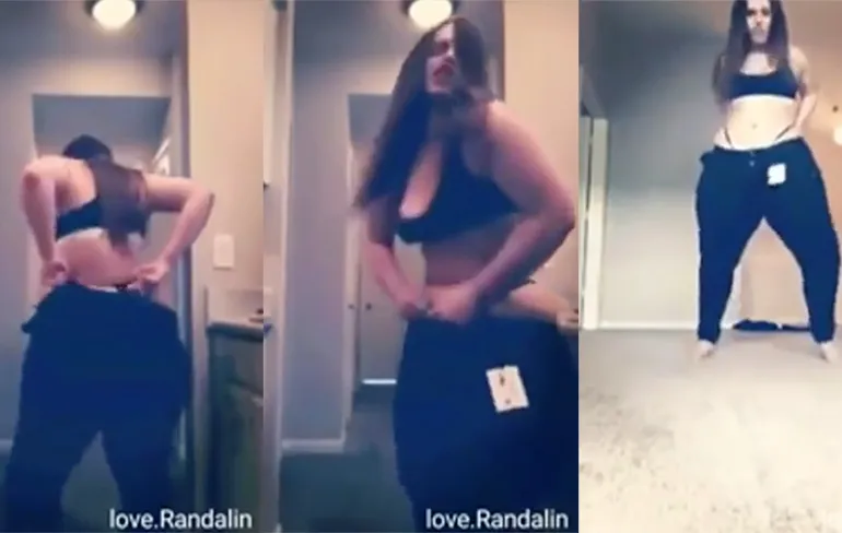 Chick met reet groter dan je televisie probeert broek aan te trekken