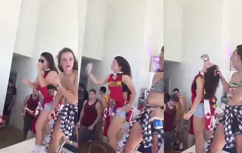 Chick slaat bier open op hoofd en zet het op een zuipen