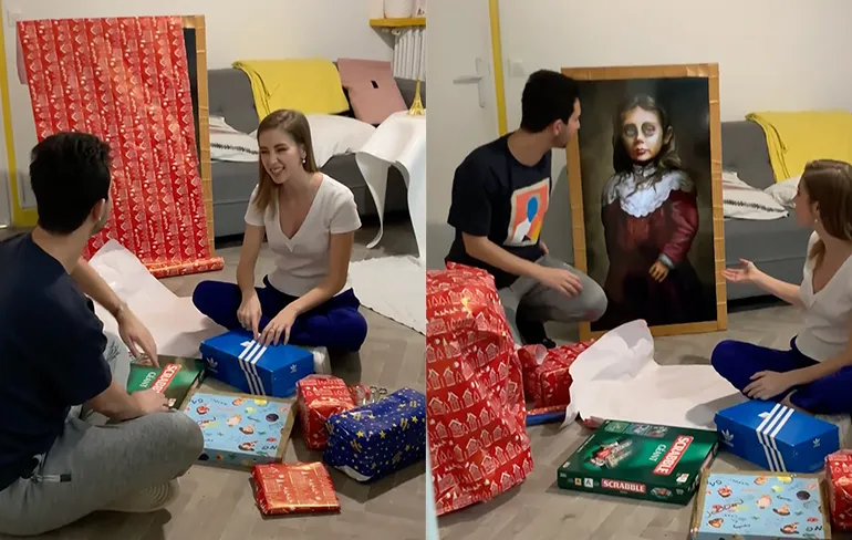 Chick te grazen genomen met een heel erg eng schilderij