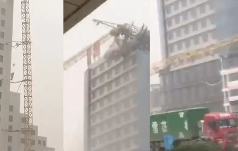 Chinese kraan heeft er geen zin meer in na stevige wind