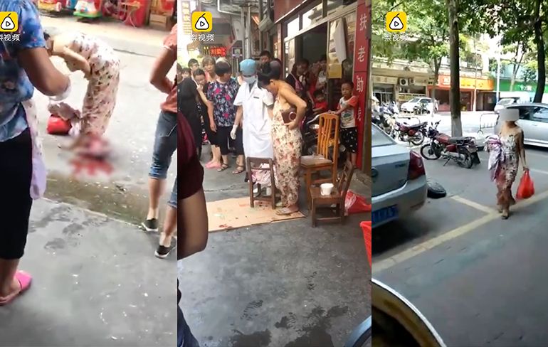 Chinese vrouw bevalt plotseling op straat, pakt baby op en gaat verder