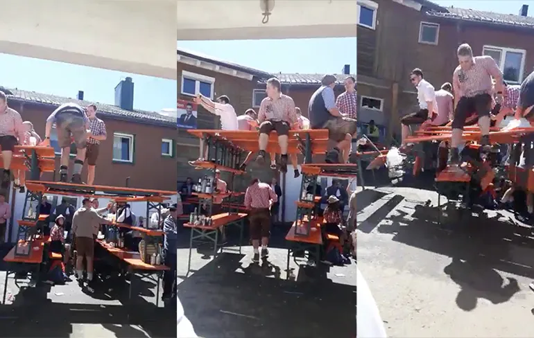 Constructie van banken pleurt in elkaar tijdens Oktoberfest-feestje