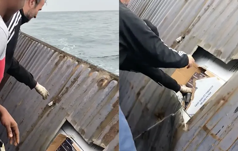 Container in open zee blijkt vol te zitten met sigaretten