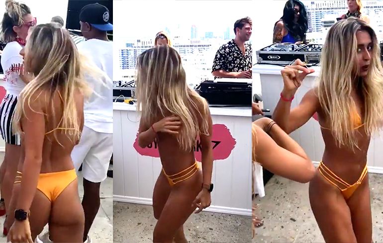 Dame doet shuffle ergens op zwembadfeestje in Miami
