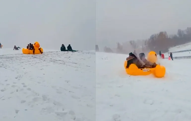 Dames gaan in een eend van de berg af, wait for it...