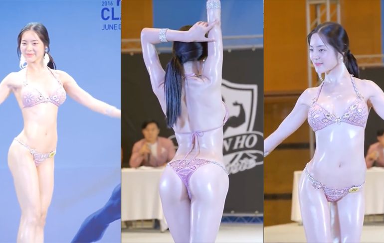 Deelneemster Koreaanse bikini wedstrijd is aangenaam om naar te kijken!