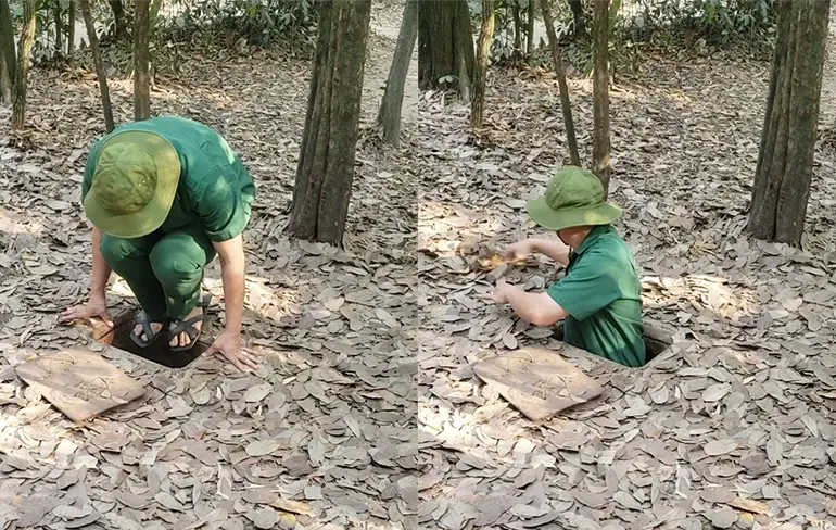 Demonstratie hoe soldaten konden verdwijnen bij tunnelcomplex Củ Chi
