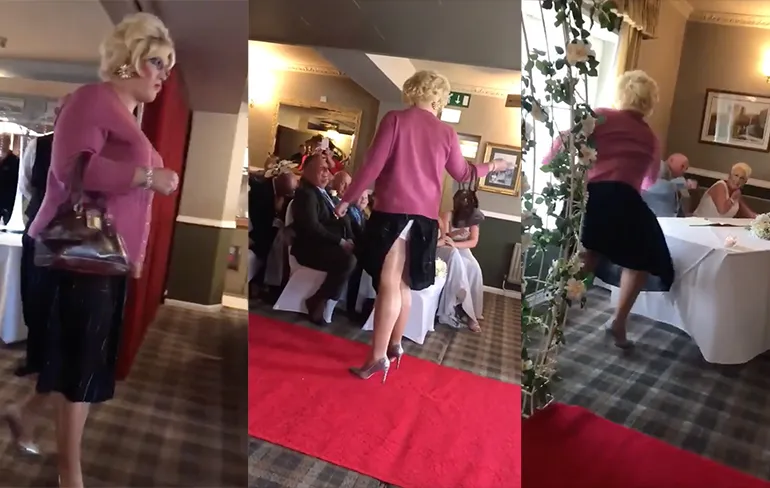 Drag Queen komt liedje zingen op trouwerij van Tracey en Dave