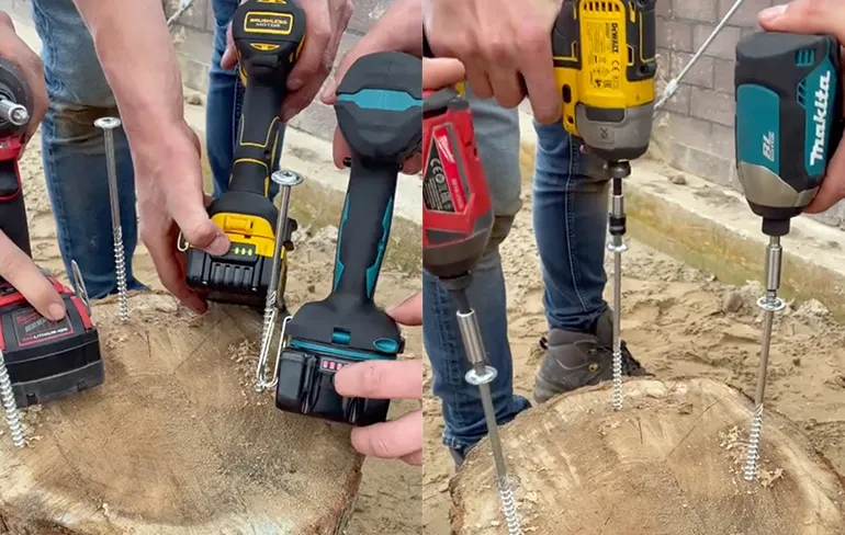 Drie boormachines boren een schroef in een boomstam