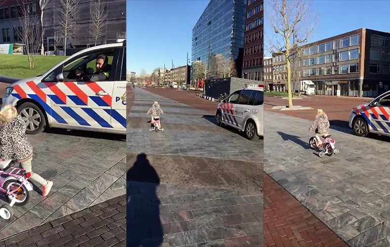 Drie jarige Pomme uitgedaagd door politieagent voor wedstrijdje