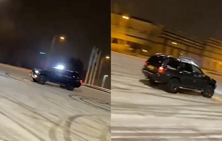 Driften in winters weer in Kerkrade gaat fout