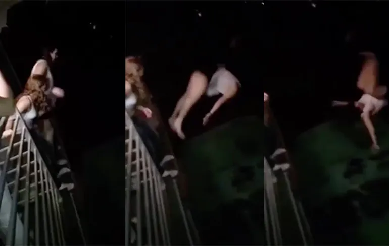 Dronken chick springt van balkon en komt met hoofd op rand zwembad terecht!