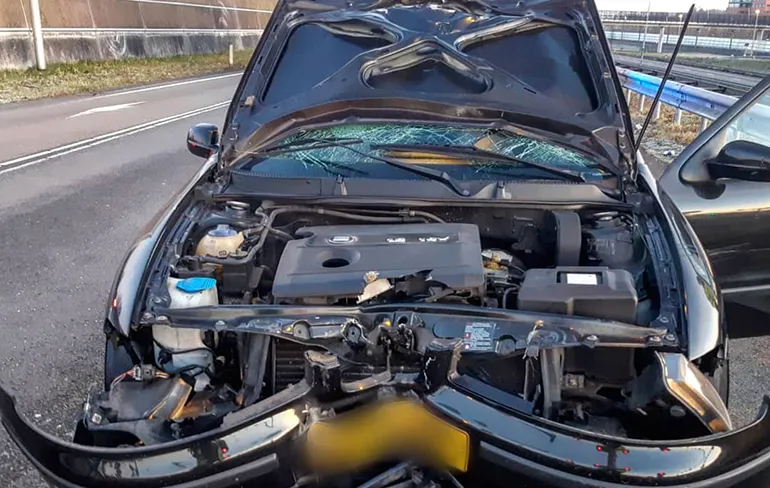 Dronken man reed met open motorkap en hoofd uit raam op A16