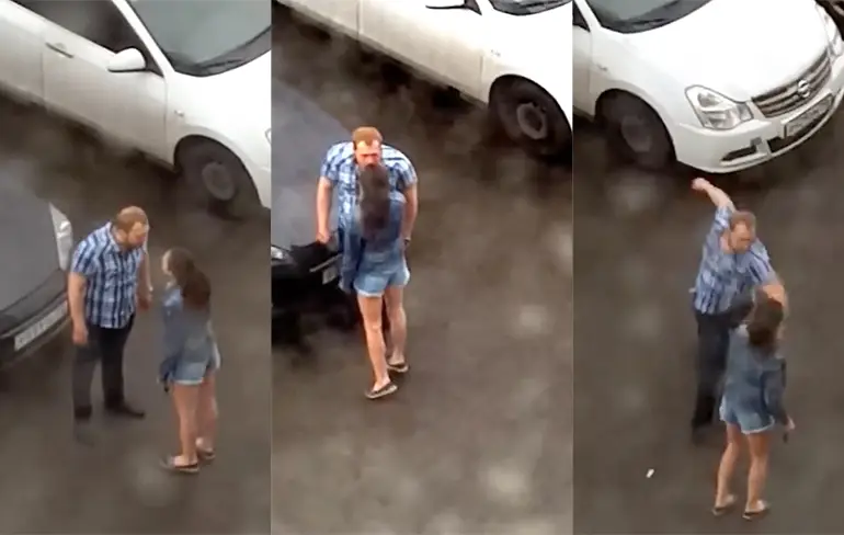 Dronken Russisch stelletje vecht ruzie op straat uit