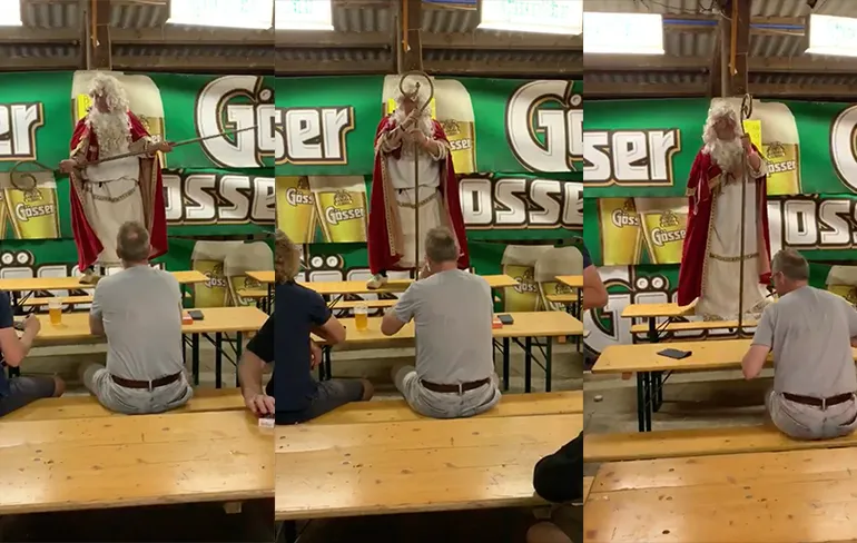 Dronken Sinterklaas doet dansje op F1 camping in Oostenrijk